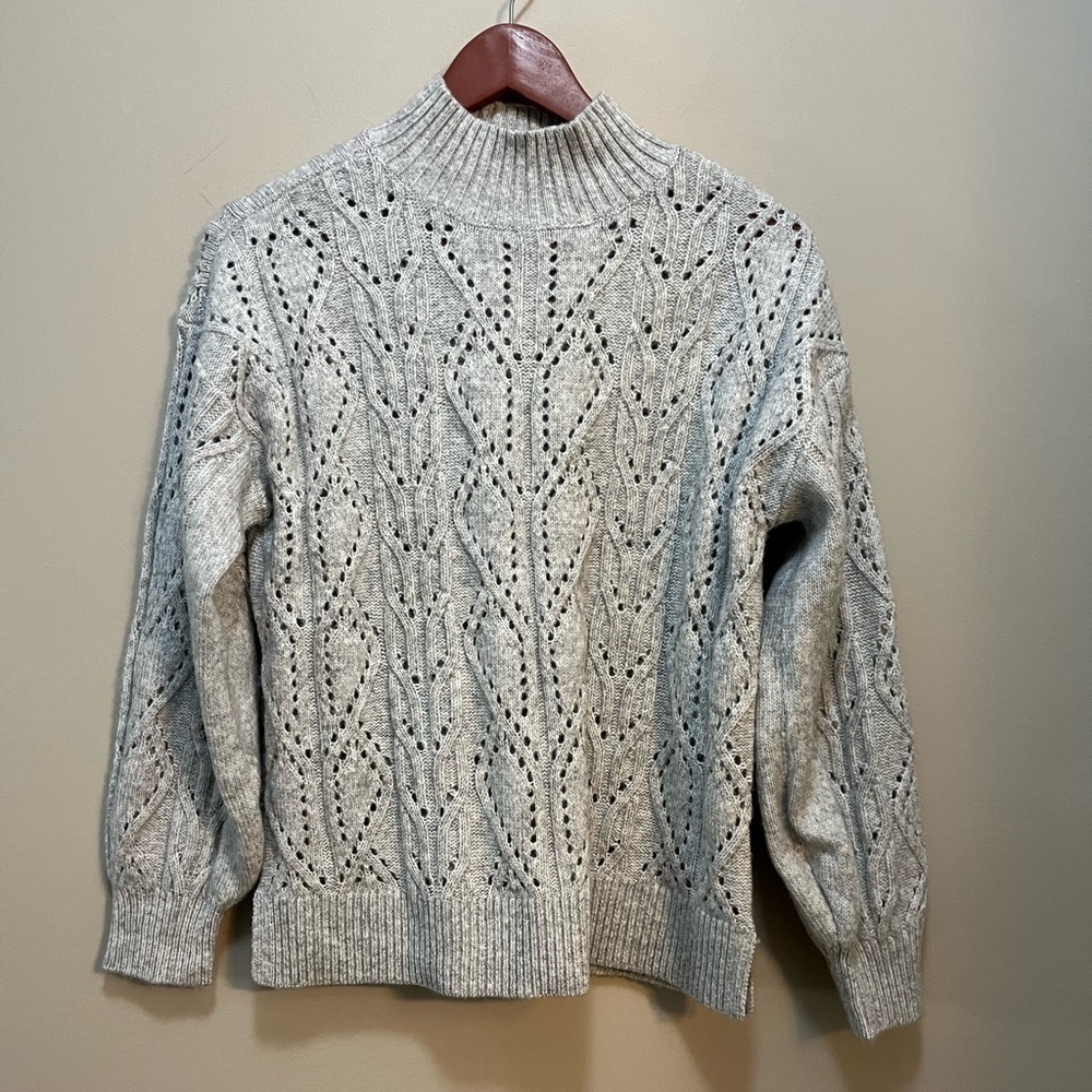 Gray Pullover Mock T-Neck Sweater Crochet Knit Wool Blend Loft Women’s S